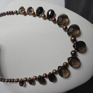 Smoky Quartz Briolette Pearl Necklace 14K Gold Accented Gemstone Strand
